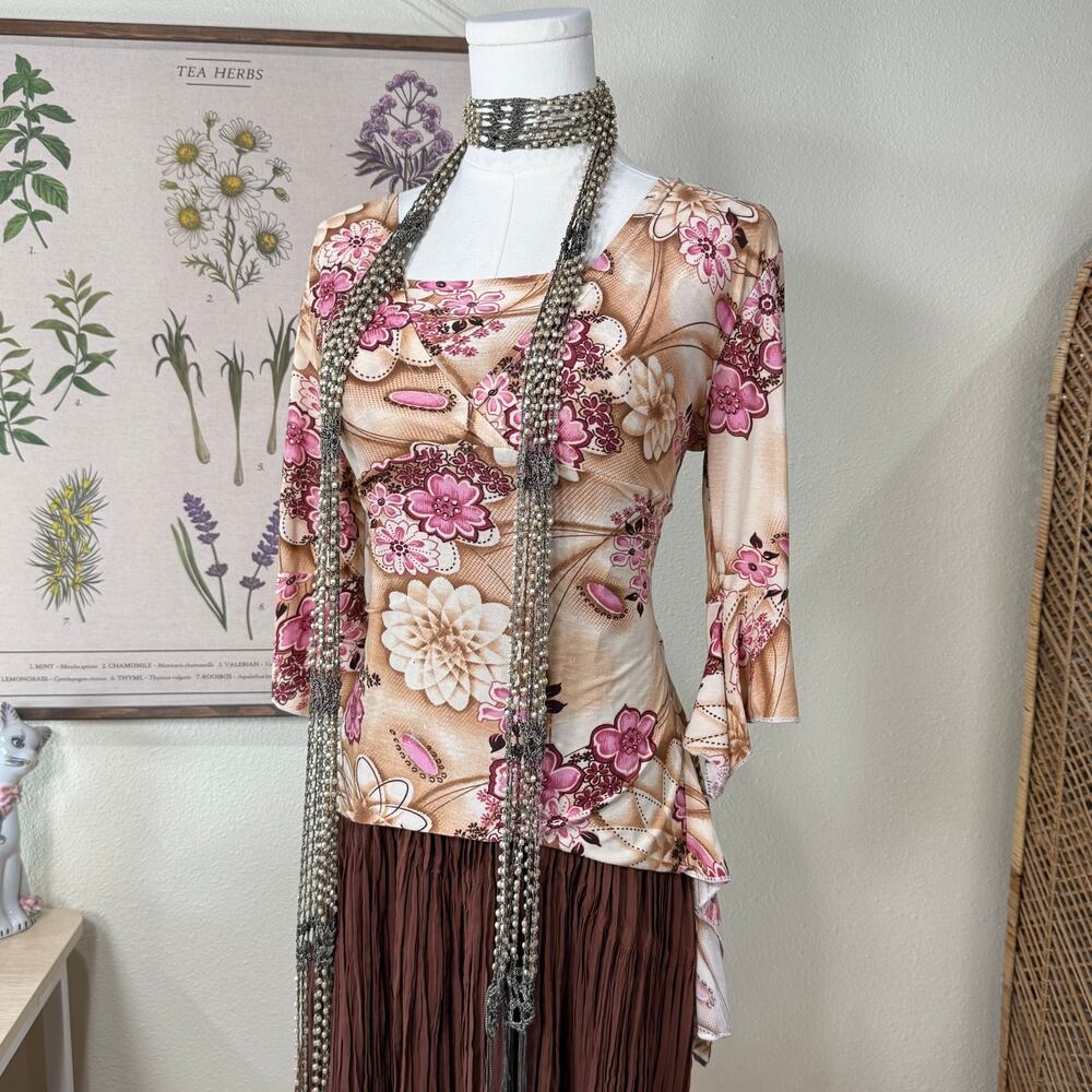 90s Y2k Floral Asymmetric Babydoll Top Forest Fairy Boho Whimsy Romantic S